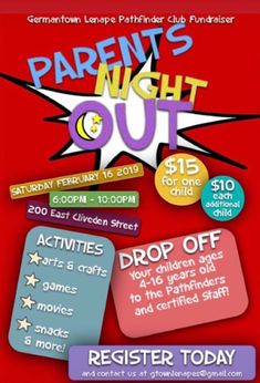 the parent's night out flyer is shown in purple and red with stars on it