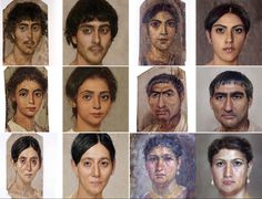 nine portraits of people with different facial expressions and hair styles, all painted in various colors