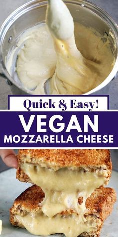 a close up of a sandwich with melted cheese on it and the words, quick & easy vegan mozzarella cheese