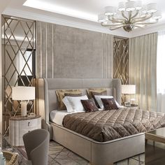 a bedroom with a large bed in the middle and a chandelier hanging from the ceiling