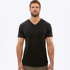 V-Neck, Curve Hem, Men’s T-Shirt In Black Black Relaxed Fit V-neck T-shirt, Black V-neck T-shirt With Relaxed Fit, Men's Cuts, Owl T Shirt, Cut Clothes, Black Curves, Cut Tees, Henley Tee, Fashion Suits For Men