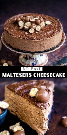 no bake chocolate cheesecake with nuts on top, and the bottom one is half eaten