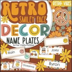 retro style name plates with smiley faces and flowers