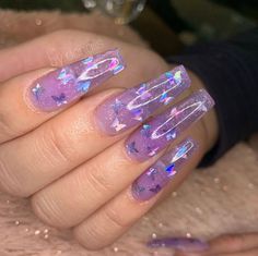 Purple Nails Clear, Clear Nail Designs With Glitter, Purple And Clear Acrylic Nails, Clear Purple Nails, Purple Holographic Acrylic Nails, Pink Purple Holographic Nails, Clear Acrylic Nails, Holo Nails