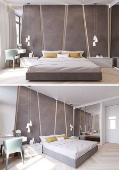 two pictures of a bedroom with grey walls and white floors, one has a bed that is suspended from the ceiling