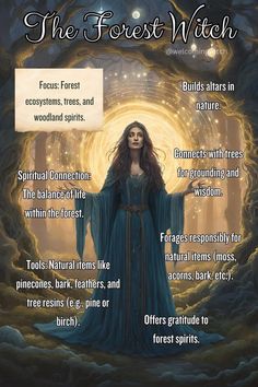 the forest witch poster with information about her powers and abilities for each individual to see