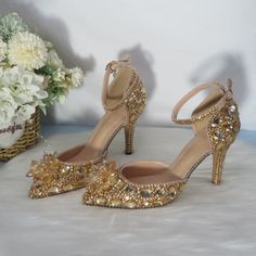 Women Wedding Shoes, Women Party Dress, Large Size Womens Shoes, Golden Crystal, Basic Heels, Flower Shoes, Ankle Strap Shoes, Womens Wedding Shoes