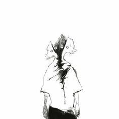 a black and white drawing of a person with an alien face on their head, standing in front of a white background