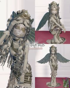 three different views of a statue with wings