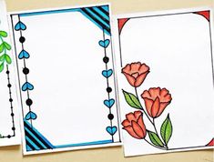 three cards with different designs on them and one has flowers in the middle, two have hearts