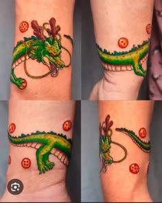 four pictures of different tattoos on the wrist and arm, each with an alligator's head