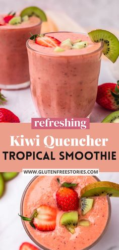 two smoothie glasses decorated with kiwis and strawberries Smoothie Recipes Kiwi, Kiwi Smoothie Recipes, Strawberry Kiwi Smoothie, Watermelon Smoothie, Kiwi Smoothie