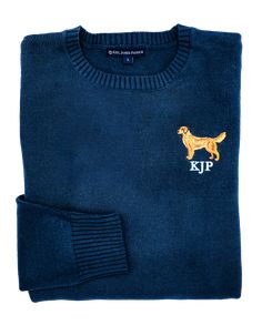 a blue sweater with a golden retriever embroidered on the front, and a matching pocket