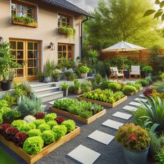 a garden with lots of plants and flowers in front of a house on a sunny day