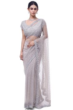 Shop light grey embroidered net saree online in USA with saree blouse. Look your best at parties and weddings in beautiful designer sarees, embroidered sarees, handwoven sarees, silk sarees, organza saris from Pure Elegance Indian saree store in USA.-full view Netted Sarees, Net Saree Blouse Designs, Net Saree Blouse, Eye Balls, Grey Saree, Net Blouses, Sarees Silk, Pure Elegance