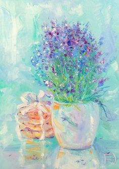 a painting of purple flowers in a white vase