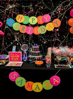 a table topped with lots of colorful balloons and streamers next to a sign that says happy birthday