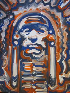 an abstract painting with blue, red and white colors in the center is a man's face