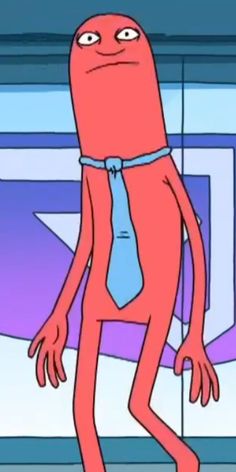 an animated red man wearing a blue tie