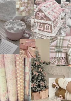 a collage of pink and white items including candles, books, blankets and other things