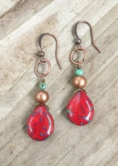 Red Teardrop Czech Glass Earrings with Turquoise and Copper Jewelry Making Business, Boho Style Earrings, Turquoise Drop Earrings, Red Boho, Red Jewelry, Earrings Inspiration, Earrings Bohemian, Homemade Jewelry, Earrings Red