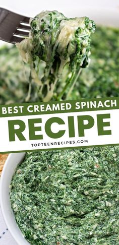 spinach dip recipe in a white bowl with a fork