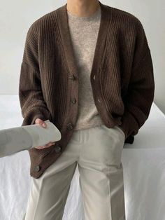 Aesthetic Men | Fit Inspo | OOTD | Korean Outfit | Men's Fashion | Overcoat Semi Formal Outfits, Academia Outfits, Drop Shoulder Cardigan, Men Stylish Dress, Brown Cardigan, Mens Outfit Inspiration, Button Sweater, Cool Outfits For Men