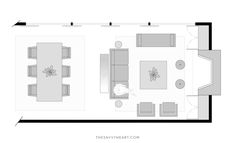 the floor plan for a living room and dining area, with an overhead view of the kitchen