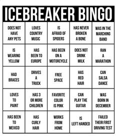 the icebreakerer bingo game is shown in black and white