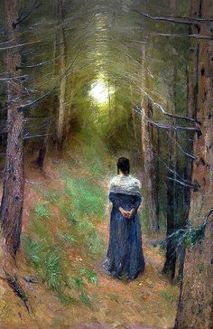 a painting of a woman standing in the woods with her back turned to the camera