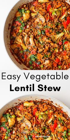 an easy vegetable lentil stew in a skillet on a white background with the words, easy vegetable lentil stew