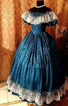 Victorian Ball Gowns Aesthetic, 1820s Dress Ball Gowns, Blue Dress Old Fashioned, Antebellum Dresses, Victorian Dress Blue, 1860s Gown, 1862 Dress, Victorian Ball Gowns Princesses, Royal Blue Victorian Dress