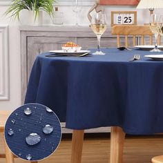 an image of a table setting with wine glasses and plates on the dining room table