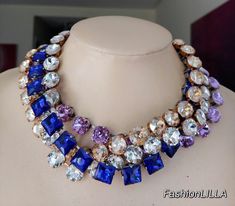 Austrian crystal necklace,ana wintour necklace,georgian collet anna wintour necklace,cushion cut violet riviere,royal blue necklace by FashionLILLA on Etsy Royal Blue Necklace, Champagne Necklace, Violet Wedding, Swarovski Jewelry, Blue Necklace, Austrian Crystal