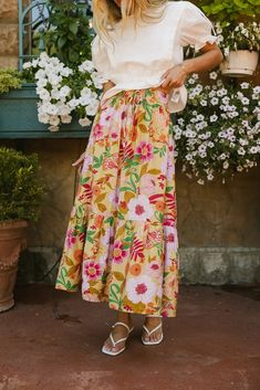 Printed floral skirt in multi color Tiered Midi Skirt, Tiered Maxi Skirt, Scoop Neck Tee, Denim Maxi Skirt, Waist Length, Eyelet Lace, Tier Skirt, Lace Blouse, Knit Tanks