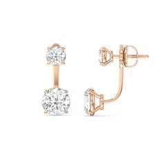 Sparklier than your standard diamond studs, these trendy front-and-back earrings dazzle with twice the amount of glitter. The earrings come with a round diamond stud post fastened by a curving "jacket" clasp that holds a larger round diamond on its tip. These earrings make a subtle statement with their sassy yet smart and sharp style.