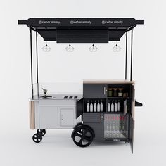 an ice cream cart with drinks on wheels is shown in this 3d image, it's black and white