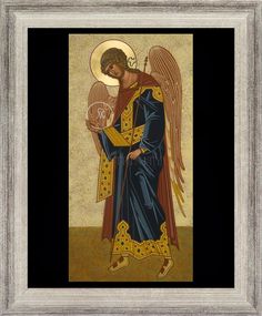 an icon of the angel holding a fan in his hand and wearing a blue robe