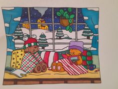 a drawing of two teddy bears sitting on a couch in front of a christmas window