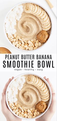 peanut butter banana smoothie bowl with cashews and peanuts in the bottom photo