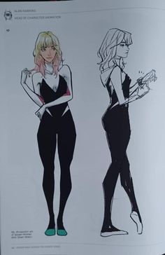 a drawing of two women in black and white outfits, one holding a cell phone