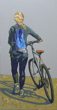 a painting of a person walking with a bike