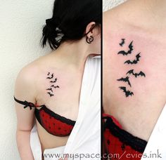 two pictures of a woman's chest with bats on it and the back of her neck