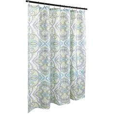 a shower curtain with an ornate pattern on it's side and black metal rod