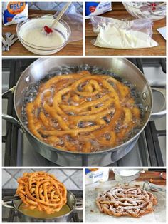 the process of making pretzels is shown in several different pictures, including doughnuts and cream cheese