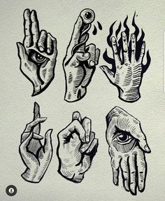 four different hand gestures drawn in black ink on white paper, each with an eye