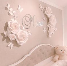 Elegant white paper flowers decor, perfect to decorate your baby’s nursery. The set includes:- 1 flower of 12” diameter - 2 flowers of 10” diameter - 2 flowers of 7” diameter - 3 flowers of 5” diameter - 4 clusters of 3 mini hydrangeas - 4 butterflies- 4 leaves - 20” wide sign name We will provide the mounting tape. Custom orders are welcome. Paper Flowers Nursery Wall, Paper Flowers Nursery, Cricut Flowers, Paper Flowers Wall Decor, Paper Flowers Wall, White Paper Flowers, Girl Nursery Wall Art, Elegant Nursery, Flowers Nursery