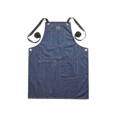 a denim apron with two pockets on the front