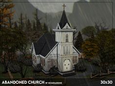 an image of a church in the middle of the woods with rain coming down on it