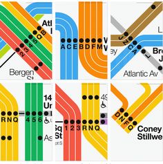 four different types of subway lines are shown in this graphic art work, with the names and numbers on them